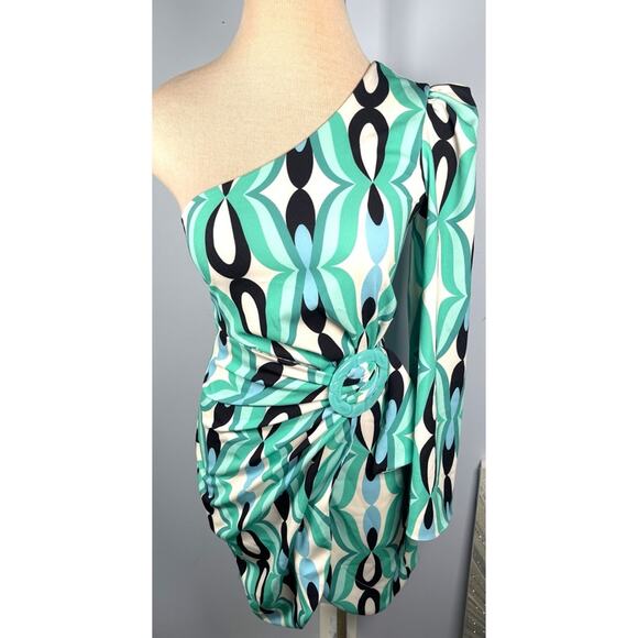 PatBO Twist One Shoulder Ruched Long Sleeve Belted Piscene Blue Mini Dress Sz 4 - Picture 5 of 10